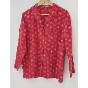 WinterSilks Women’s Red‎ Snowflake 100% Silk Pajama Top Button Front Sz M Boho